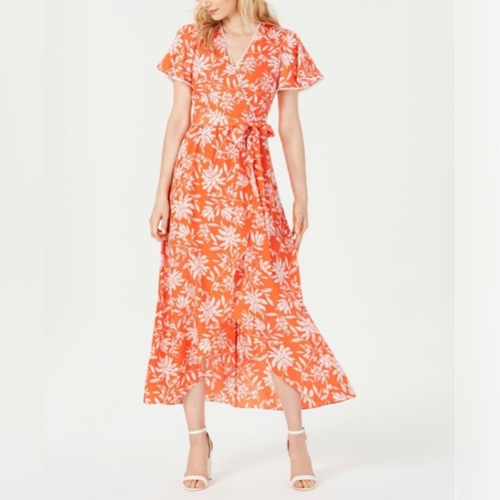 VINCE CAMUTO Orange Floral Faux-Wrap Maxi Dress